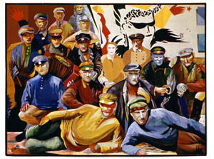 Evgenij Kozlov: Комиссары / Kommissare. Aquarell, Gouache, Tempera, Leinwand, 120 x 90 cm, 1982-83