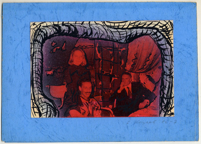(E-E) Evgenij Kozlov  Catherine Mannick, Evgenij Kozlov, Georgy Gurianov. Leningrad restaurant. Collage with painted vintage print, 14.5 x 20.5 cm, 1986-7 From the album ”“Это модно • It's the fashion! 1984-1990” more >> The same negative was used for Letter L, page 4, with a different design (see below)  E-E archival number: E-E-pho-Y017-opc